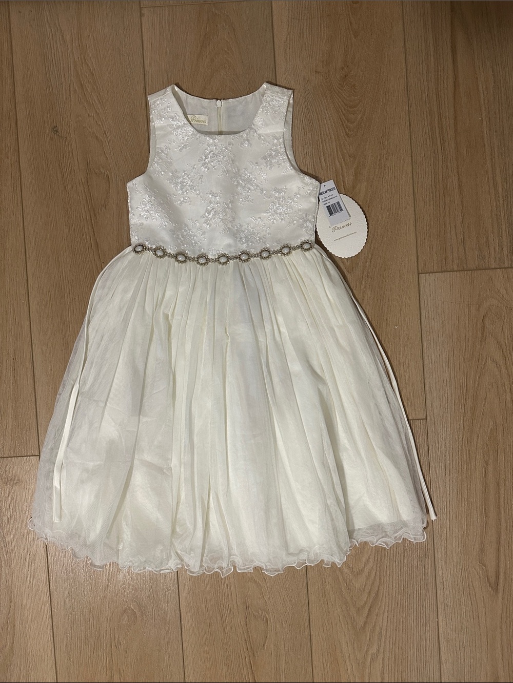 American Princess Ivory Embroidered Girls Party Dress with Beaded Waist